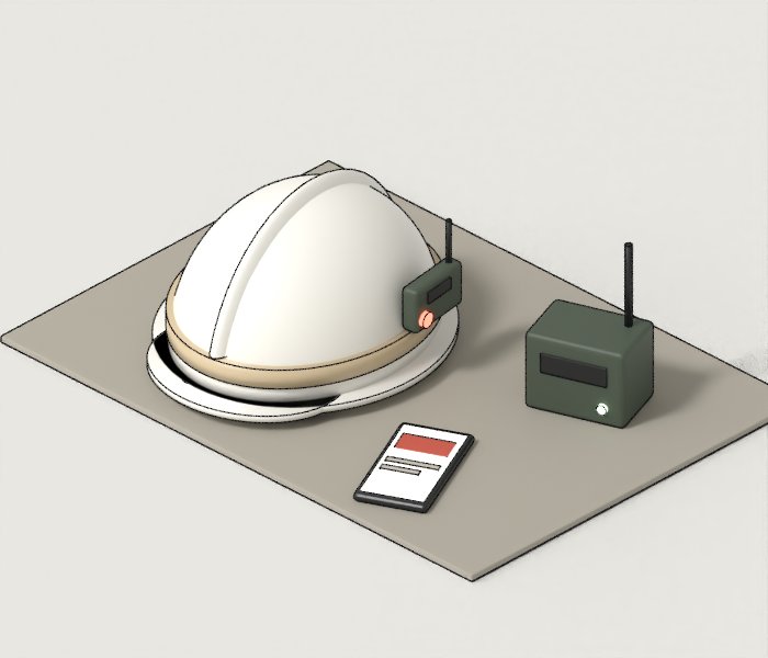Casco de obra blanco con un sensor con antena en el lateral, junto a una caja verde con antena y un móvil con un aviso rojo, sobre una plancha